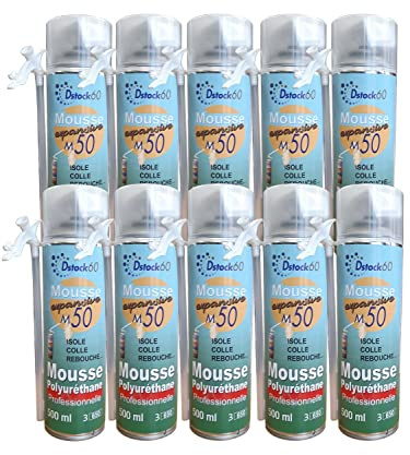 DSTOCK60 - Lot de 10 mousses expansives Manuelles - 500 ml - Mousse polyuréthane professionnelle manuelle - Isole, colle et rebouche - Extérieur et intérieur