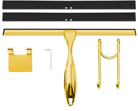 TOOVEM 12 Inch Shower Squeegee for Glass Doors, Window, Bathroom, Car Windshield, Shower Cleaning Tools with S Hook, Square Sticky Hook（Gold）