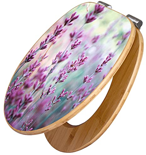 banjado Design WC Sitz Bambus Absenkautomatik 45,8x37,5cm / Toilettendeckel mit Absenkautomatik Holz/hochwertiger Bambus Klodeckel/WC-Sitz für gängigen Toiletten/Motiv Lavendel 2