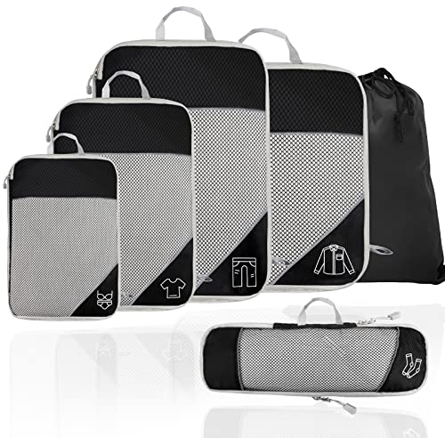 Compression Packing Cubes 6Pcs, Kompression Packtaschen Erweiterbar reise Packtaschen für Koffer Organizer Set, Packwürfel Kompression für Rucksack und Koffer (Black-6set)