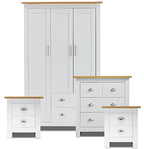 Blisswood 4 Piece Bedroom Set With 3 Door Wardrobe & 2+2 Drawer Chest of Drawer + 2 Drawer 2 Bedside Table Cabinet Bedroom Furniture Set for Bedroom Storage furniture (White & Oak)