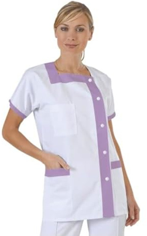 Hurry Jump Blouse Médicale Femme Idéal pour Infirmière et Aide Soignante - Col Carré, Fermeture Pression, 3 Poches - Coloris par Spécialité Blanc et Violet - Taille T6