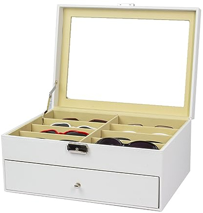 Cokritsm 16 Slot Sonnenbrillen Organizer, Weiß Aufbewahrung Sonnenbrillen PU-Leder Brillenbox, Verschließbare Sonnenbrillen Aufbewahrungsbox 2 Stufig Sonnenbrillen Box