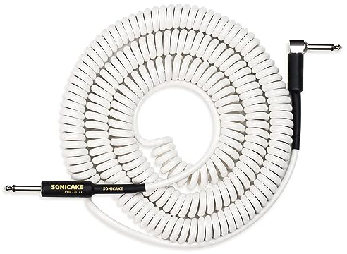 SONICAKE 10M Gitarren Instrumentenkabel 6.3mm Coil Cable | für Gitarre Bass Spiralkabel mit Abgewinkelte Stecker und Standard Klinke Weiß