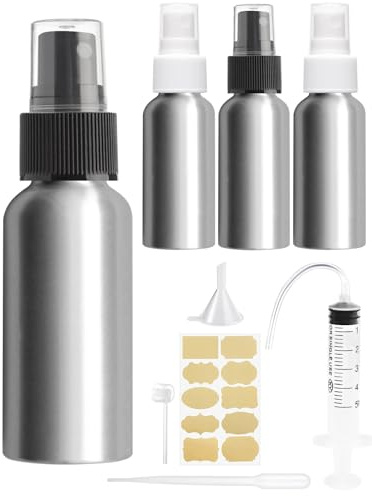 Bohoray Lot de 4 vaporisateurs de 50 ml en aluminium, petits flacons pulvérisateurs rechargeables, vaporisateurs de parfum à brume fine avec étiquette, seringue, outils de distribution pour parfum,