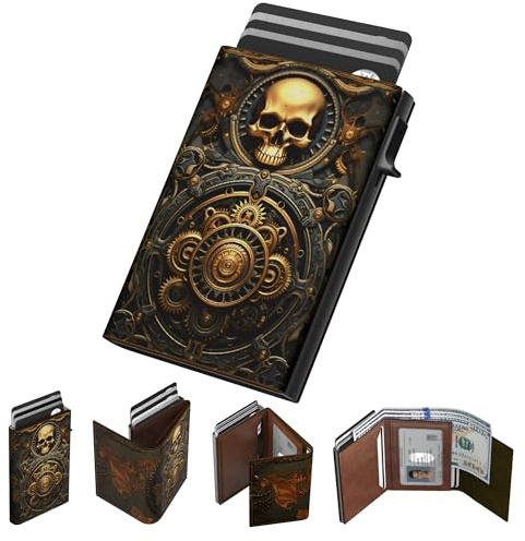 typecase Mens Wallet Card Holder: Pop Up Aluminum Case, Carbon Fiber Leather, Smart, RFID Blocking, Slim, Minimalist, Front Pocket - 9-14 Card Capacity | ID Window | Cash Slot (Skull)