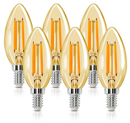 Aigostar Bombilla LED vela Edison, 8W Equivalente a 64W, Casquillo Fino E14, Luz Cálida 2200K, 880 Lúmenes, Bombilla LED Vintage Decorativa C35 de Filamento, No Regulable, Cristal ámbar, Pack 6