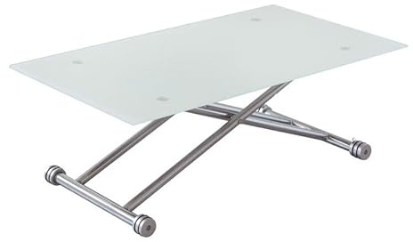 fanmuebles Mesa De Centro Elevable Savila De Cristal Blanco 120x70 | Mesa Centro Elevable Hidráulica con Ruedas Y Patas Cromadas | Mesa Moderna para Salón