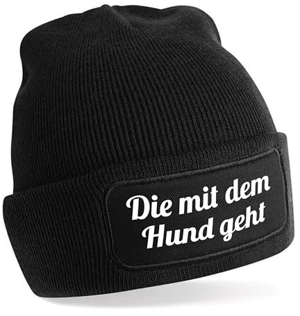 Herzbotschaft Beanie Strickmütze mit Spruch | Die mit dem Hund geht | Farbwahl | Unisex SoftTouch angenehm weiche und warme Wintermütze | OneSize Einheitsgröße für Erwachsene