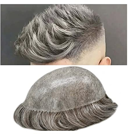 Männer Perücke Graues Haar, indisches Echthaarsystem, Herren-Toupet, Haarteile, 0,1–0,12 mm, komplett PU-injiziert, dünne Haut, natürlich gewelltes Herren-Toupet Perücke Mann (Color : 6 inches, Size