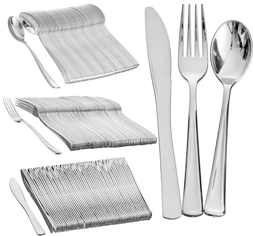 MATANA 180 Elegante Set di Posate in Plastica Argento Riutilizzabili - 60 Coltelli, 60 Forchette, 60 Cucchiai per Matrimoni, Compleanni, Feste ed Eventi