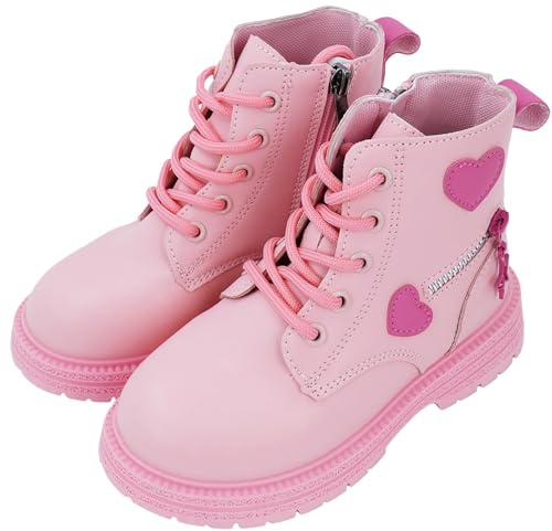 SEAUR Stivali Vintage per Bambini Stivali Corti con Fondo Spesso Ragazza Stivali con Cerniera Lacci Stivali d'Amore Comodo Scarpe Autunnali Rosa 27 EU