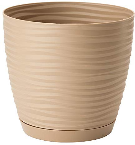 Home Garden Ornaments Wave Plant Pots Indoor – Indoor Plant Pot with 3D Effect, Drainage Holes, and Integrated Saucer, Plastic Flower Pots (Diameter: 17cm, Colour: Taupe)