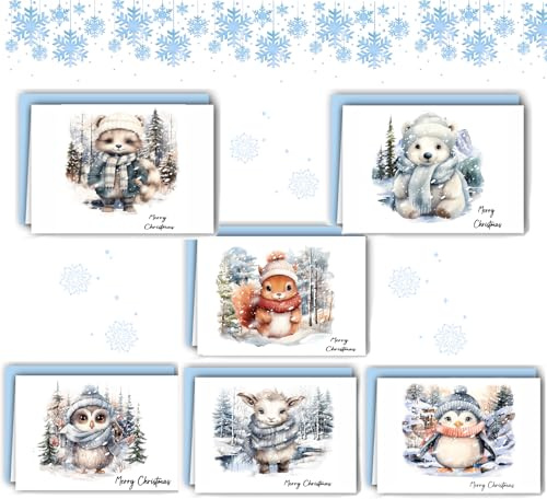 FiveMileBro Lot de 12 cartes de noël pliables avec enveloppes, set de cartes postales A6, aquarelle série animaux de la forêt, avec vœux de Noël, carte postale noel, carte de Noël pour famille amis