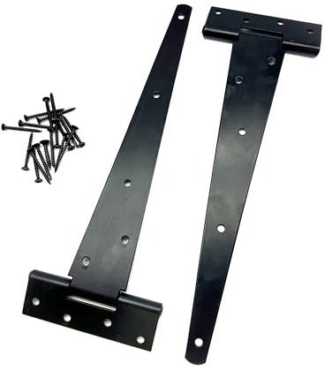 2PK Heavy Duty Black Tee Hinges with Fixings. Strong T-Hinges for Garden Gates, Sheds and Doors. Japanned Corrosion and Weather Resistant External Hinge Pack of 2 with Screws.