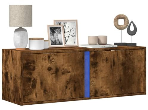 Sufrk Meuble TV mural avec lumières LED chêne, fumée, 100 x 31 x 35 cm, meuble TV mobile, porte-télévision, meuble industriel, table basse vintage, console pour salon