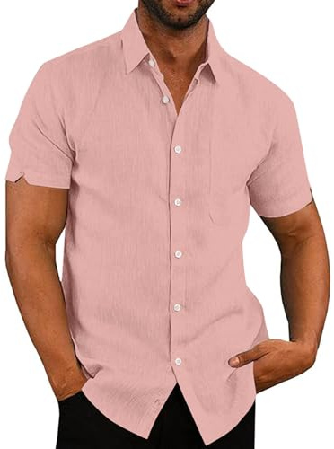 Rodawu Hemden Herren Kurzarm Leinenhemd Hawaii Hemd Männer Baumwolle Freizeithemd Rosa Hemd Herren
