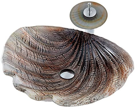 Aufsatzwaschbecken für das Badezimmer, muschelförmige, künstlerische Waschtische, 19-Zoll-Aufsatzwaschbecken aus gehärtetem Glas mit Wasserfall-Wasserhahn und Pop-Up-Ablauf, Auftischmontage (DC)