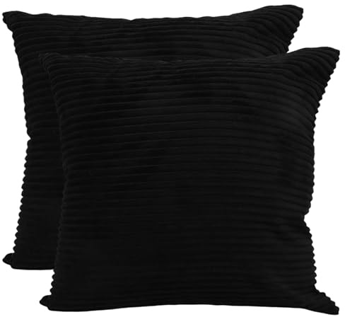 Betadistor Set of 2 Striped Corduroy Square Throw Pillow Case Soft Cushion Covers for Sofa Couch/Bedroom Decorative Fluffy Large Pillowcases 18x18 Inch 45x45cm, Black, 517-0353