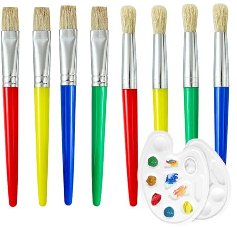 8er Malen Pinsel Kinder mit 2 Stück, Malpinsel für Kleinkinder, Große, Dicke Lack Pinselset Kinder, Flache, Runde Vorschul-Pinsel für Abwaschbare Farbe, mit Mischpalette, Anfänger