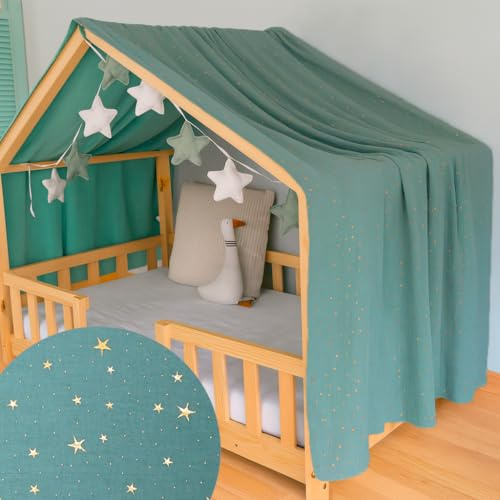 YellowNest Tenda per Letto Montessori - Tenda Letto Bambini per Letto 90x190cm y 120x200cm - 100% Mussola di Cotone - Con Ghuirlanda (Eucalipto Ghirlanda, 130 x 400 cm)