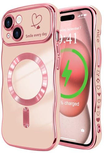 LCHULLE Cover magnetica per iPhone 15 Plus Custodia [Compatibile con Magsafe] cuore forma di ricciolo ondulato Cover Protezione Fotocamera galvanizzato Custodia per iPhone 15 Plus Rosa