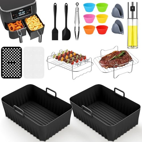 18PCS Zubehör Heißluftfritteuse für Ninja Foodi AF400EU AF300EU AF500EU, 7.6L-9.5L und meisten Dual Zone Air Fryer, BPA-frei, Einschließlich Silikoneinsatz, Grillrost, Öl Sprayflasche, usw
