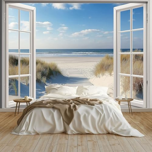 Moda Art Papel Tapiz Ventana Con Vista Al Mar Arte Mural de Papel Pintado 300x210 cm Fotomural Decoración de Papel Tapiz Fondo de Pared de Tv de Fotografía, Azul