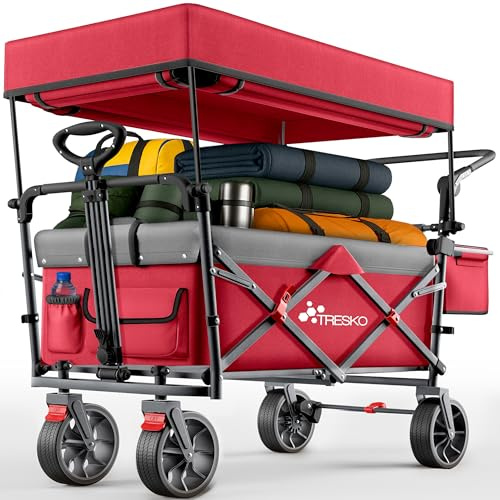 TRESKO® Bollerwagen Faltbar mit Dach, Kühlfach & Seitenrollos bis 150kg | Handwagen mit Vollgummireifen, Feststellbremsen (Vorne & Hinten) & 3-Punkt-Gurt | Transportwagen für Camping Outdoor Strand