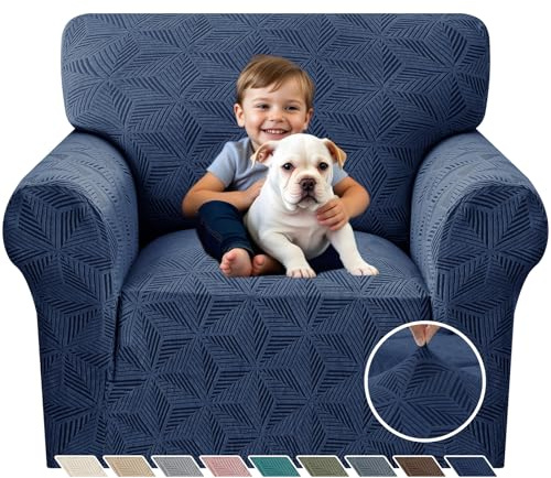 YEMYHOM 1 Piece Stretch Chair Sofa Slipcovers Couch Covers for 1 Seat, Jacquard Armchair Covers with Non-Slip Elastic Bottom, Thickened Furniture Protector for Dogs Pets kids (Small, Navy）