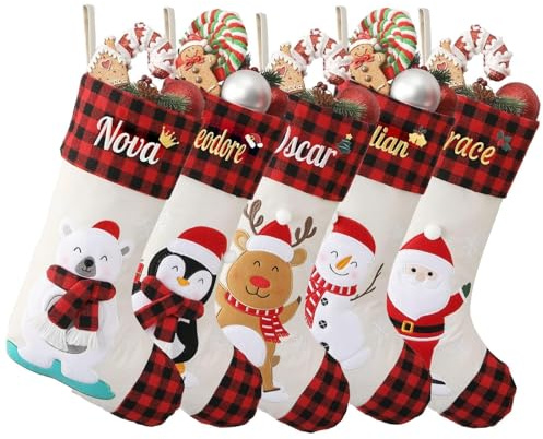 Infiher Personalised Christmas Stockings with Embroidered Name & Monogram,Custom 3D Xmas Character Stocking 2 Pack 18” Large,Santa,Snowman & Reindeer Fireplace Hanging Red Burlap Plaid Stockings(D)