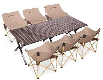 HBOOMOEM Robuster Tisch Und StüHle Im Freien Set，Klappbarer Campingtisch Mit StüHlen，Geeignet FüR DraußEn/Drinnen, Picknick, Grillen, Wandern, Reisen, Terrasse, Garten.(Khaki,NORMAL_120CM+6 Chairs)