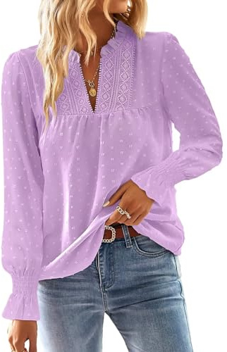 TUUHAW Camiseta Manga Larga Mujer Boho Top con Cuello en V Bordado Encaje | Manga Larga de Volantes Top, Blusa Elegante con Cuello en V, Moda Bordado Encaje Casual, Punto Suizo Color Sólido