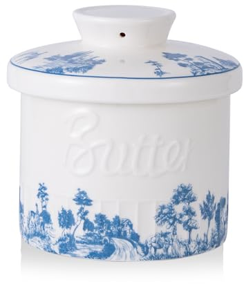 AMIEENOR Französische Butterdose aus Keramik für die Arbeitsplatte - Blau-Weiß Toile Butterkühldose mit Wasserversiegelung - 200ml Porzellan Butterbehälter für Streichzarte Butter, Bauernhaus Deko
