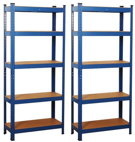 Signzworld 2er Set Schwerlastregal Lagerregal Steckregal 10 MDF-Platten Eckregal Metall Kellerregal Regalsystem jeweils bis 875 kg belastbar Regal Werkstattregal (Blau, 2er-90x40x180cm)
