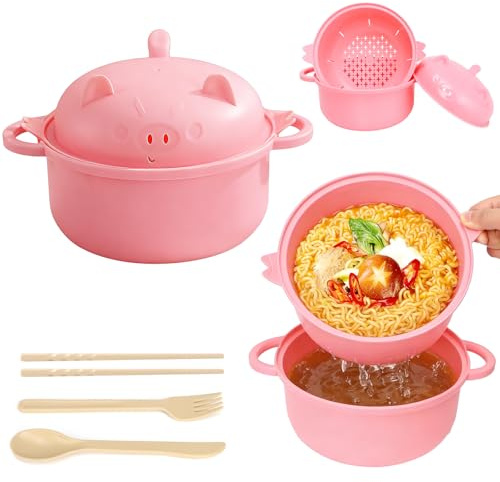 EOAMGO Noodle Bowl with Lid, Ramen Bowl Set, Microwave Noodle Bowl with Chopsticks and Fork, Instant Noodle Pot Soup Bowl, 1200ml Portable Large Ramen Bowl with Pig Salad Bowl, BPA Free (Pink)
