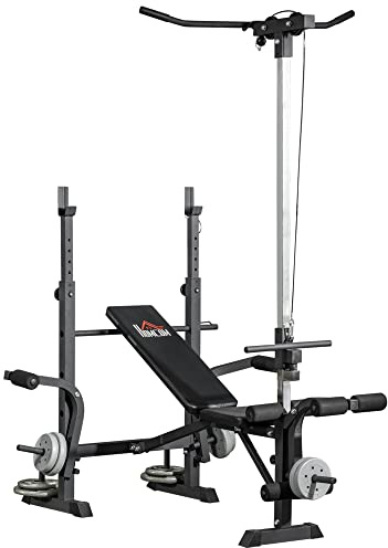 HOMCOM Panca Palestra Multifunzione con Pulley System, Supporto Bilanciere e Schienale Regolabili, Panca Pesi Inclinabile Piana con Leg Extension, Chest Expansion, Portapesi, Allenamento Palestra Casa