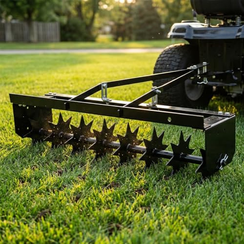 32 Tow Behind Lawn Aerator - Heavy Duty Spike Lawn Aerator for Riding Mower, Pull Behind Aerator Soil Care Tool with Weight Tray for Garden & Farm