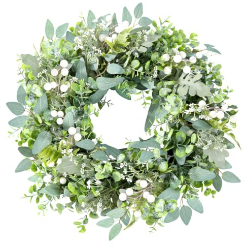 Corona Decorativa de eucalipto 60 cm, Corona Artificial de Flores y Hojas con Bayas Blancas, Corona de Puerta Hecha a Mano para Todas Las Estaciones, decoración del hogar