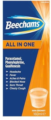 Beechams Cold and Flu Liquid, Sore Throat Relief & Cough Medicine for Adults with Paracetamol, All in One Liquid, 160 ml