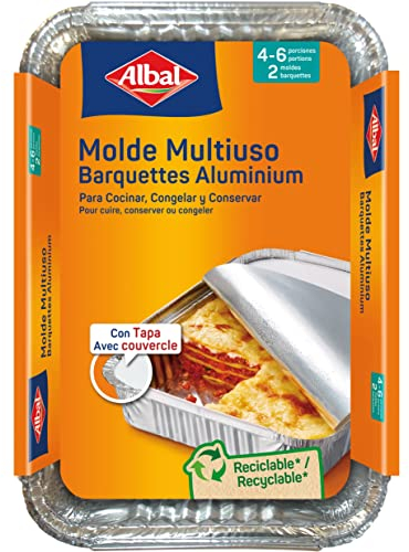 Albal Moldes de aluminio multiusos - Moldes rectangulares con tapa para cocinar, congelar y conservar alimentos, bandejas de aluminio desechables, 31 x 21 x 4 cm, 4-6 porciones, 2 unidades