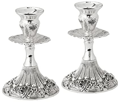 Ner Mitzwa Kerzenständer, versilbert, mit rundem Sockel und Blumenmuster, 2 Stück, Silber, silber, 12 cm