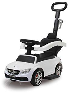 JAMARA 460448 Rutscher Mercedes-AMG C 63 3in1-Kippschutz, Kofferraum, Schub-und Haltestange mit Lenkfunktion, Rückenlehne, Schutzbügel, ausziehbare Fußauflage, Sound/Hupe am Lenkrad, weiß