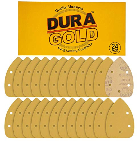 Dura-Gold Premium Mouse Detail Sander Sandpaper Sanding Sheets - 400 Grit (Box of 24) - 5 Hole Pattern Hook & Loop Triangle Mouse Discs - Woodworking Wood, Furniture Crafting, Sand Automotive Paint