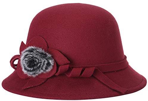 Ulalaza Damen Vintage & Festlich Rot Blumenmuster Filz-Hut - Einheitsgröße (57,5 cm Umfang) für Frauen, Winter, Ohrwärmer, Bucket-Hut