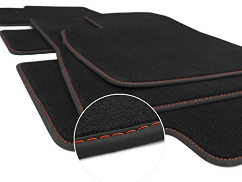 Fußmatten für Tesla Model 3 alle Modelle Velours Premium (Ziernaht Rot) Matten Autoteppich Original Klett Befestigung 3-teilig Schwarz Innenraum Tuning