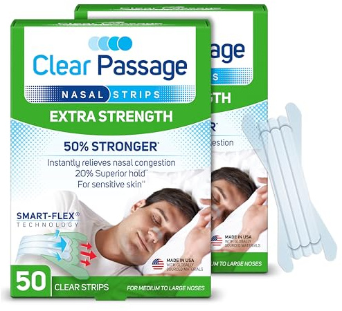 Clear Passage Nasal Strips Extra Strength, Clear, 100 ct | Works Instantly to Improve Sleep, Reduce Snoring, & Relieve Nasal Congestion Due to Colds & Allergies