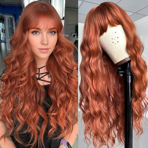 YEESHEDO Peluca Larga Rubia Ondulada Larga Ondas Naturales Rubio con flequillo Pelucas para mujer, Vida diaria Cosplay Fiestas Halloween Navidad 28 (Auburn)