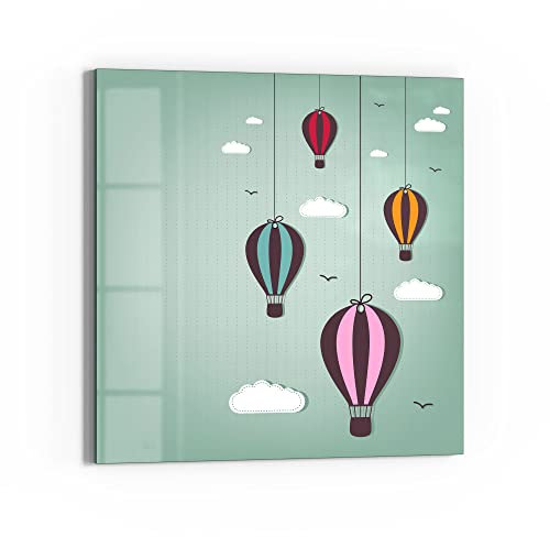 DEQORI Glas-Magnettafel | 50x50 cm groß | Motiv Comic Heißluftballons | Memo-Board aus Glas | Magnetboard inkl. Magnete, Stift & Tuch für Küche & Büro | Tafel magnetisch & beschreibbar