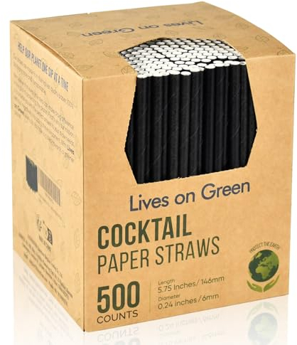 Lives on Green Confezione da 500 cannucce e bastoncini per cocktail ecologici in carta nera – 14,6 x 0,6 cm, per casa, bar e ristoranti